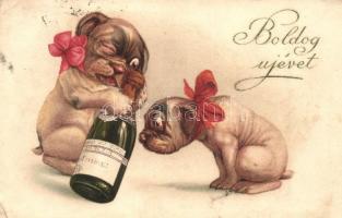 Boldog újévet! / dogs with champagne, New Year greeting art postcard. litho (Rb)