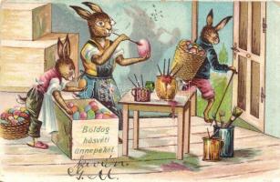 Boldog Húsvéti Ünnepeket! / Easter greeting art postcard, rabbit family. litho