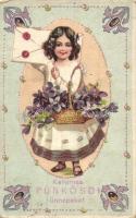 Kellemes Pünkösdi ünnepeket! / Pentecost greeting art postcard, girl, floral, Art Nouveua, litho (fa)