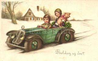 Boldog Új évet / New Year greeting art postcard, children in automobile. Amag 3263.