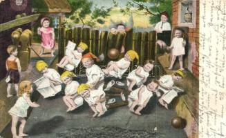 Children on chamber pots. Bizarre art postcard