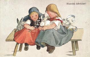 Húsvéti üdvözlet / Easter greeting art postcard, girls with rabbits