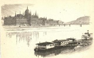 Budapest, rézkarc nyomtatványok - 4 db modern képeslap, két kihajtható lappal / 4 modern postcards w...