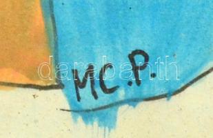 MCP jelzéssel: Házak között. Vegyes technika, papír, üvegezett keretben, 20×19 cm