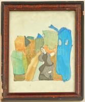 MCP jelzéssel: Házak között. Vegyes technika, papír, üvegezett keretben, 20×19 cm