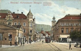 Brassó, Kronstadt, Brasov; Kolostor utca, városi vasút, templomok, üzletek, étterem / street viw with urban railway, churches and shops