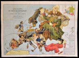 cca 1898 Angling in Troubled Waters, a Serio-Comic Map of Europe, humoros Európa-térkép, litho, restaurált, mellékelve az eredeti borítóval, kis gyűrődésekkel, 54,5×76 cm