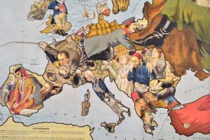 cca 1898 Angling in Troubled Waters, a Serio-Comic Map of Europe, humoros Európa-térkép, litho, rest...