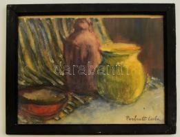 Perlrott jelzéssel: Asztali csendélet. Akvarell, papír, üvegezett keretben, 30×38 cm