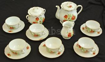 Victoria Austria pipacsos porcelán teás készlet, 6 csészével, kiöntővel, stb., matricás, jelzett, kopásnyomokkal