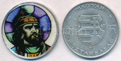 1947. 5Ft Ag "Kossuth" (2x) egyiken multicolor festés T:2,2-
