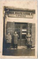 1933 Pécs, Molnár Károly cipész üzlete, photo (lyukak / pinholes)