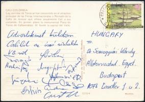 1975 A magyar vízilabda  válogatott által aláírt képeslap a kolumbiai vb-ről küldve, köztük Faragó Tamás (1952-) Horkai György (1954-)