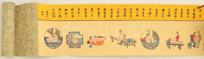 Japán erotikus és pornográf jelenetek papírtekercsen, nyomat, vászon borítással, 108x15 cm