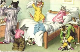 Cats pillow fight. Alfred Mainzer ALMA No. 4856. Colorprint B. (EK)