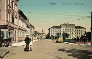 Szeged, Dugonics tér, Ügyészség, Markovics Lajos üzlete, villamos (EK)