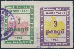 1945 Szeged városi illetékbélyeg 1P + 3P 1-1 oldalon fogazatlan, az 1P 1-es értékszáma talpas (13.650)