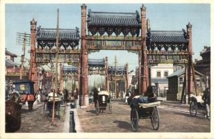Beijing, Peking; Eastern City. Wooden arches, rickshaw carriages. Chinese folklore