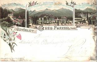 Tátra, Poprád, Gréb park (Szepesszombat), Tarpatak-füred, Alsótátrafüred. Schwidernoch Károly kiadása / Spisská Sobota, Kohlbach, Dolny Smokovec. floral Art Nouveau litho (vágott / cut)