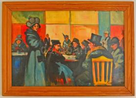 Knopp jelzéssel: Várakozók. Olaj, falemez, keretben, 40×60 cm