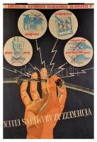 cca 1965 Védekezz az áramütés ellen SZOT Munkavédelmi Propaganda Bizottság plakát, 57x39 cm