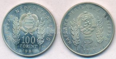 1981. 100Ft Cu-Ni + 5L Cu-Ni "Bulgária 1300 éves" magyar-bolgár közös kiadás, eredeti tokb...