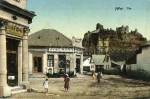 Fülek, Filakovo; Vár, Wohl Manó vasáru raktára, Edelstein Jenő üzlete / castle, shops (EK)