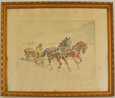 Benyovszky István (1898-1969): Lovasszán, színezett rézkarc, papír, jelzett, üvegezett keretben, 29×...