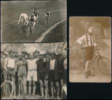 cca 1924 Kerékpárversenyzők, 3 db vintage fotó, 12,5x14 cm és 9x14 cm