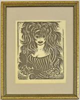 Bortnyik Sándor (1893-1976): Próba II, női portré, linó, papír, utólagos jelzéssel, kartonra ragaszt...