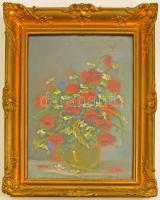 Bíró Lajos (1927-2010): Virágcsendélet. Olaj, karton, jelzett, üvegezett keretben, 51×36 cm