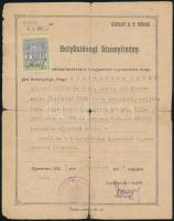 1922 Ujpest Helyhatósági bizonyítvány izraelita ószeres részére. Ragasztott