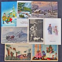 52 db régi karácsonyi és újévi üdvözlőlap fa dobozban / 52 pre-1945 Christmas and New Year greeting cards in a wooden box