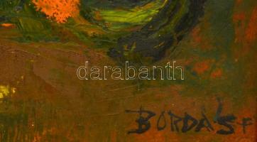 Bordás Ferenc (1911-1982): Pávatollas csendélet, olaj, farost, jelzett, fa keretben, 45,5×43,5 cm