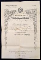 1909 Díszes tartalékos kadéti kinevezés, aláírásokkal, pecséttel, száraz pecséttel, kis szakadással