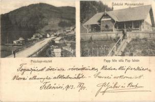 Papfalva, Popesti (Máramaros); Priszlop hegység, Magyarország és Bukovina között határ, fűrésztelep, Papp-féle villa. Kaufman Ábrahám és fiai kiadása / Prislop mountain pass, border between Hungary and Bukovina, lumber yard, villa