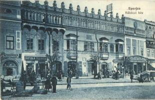 Eperjes, Presov; Rákóczi ház, Spira Henrik, Goldwender, Gallots, Eichenbaum M. üzletei, Moskovits Cipőgyár, piaci árusok. Cattarino S. utóda Földes Samu kiadása / street view, shops, shoe store, market vendors (EK)