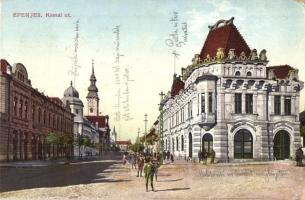 Eperjes, Presov; Kassai út, Miklós könyvnyomda, Államépítészeti Hivatal, Trosztler Kálmán üzlete, Római katolikus templom, Püspöki rezidencia, Posta / street view, publishing house, state architectural office, shops, church, bishop's residence, post office (fl)