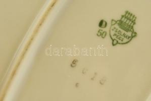 Zsolnay húsos tál, kék szegéllyel, jelzett, kopásnyomokkal, 33x23 cm