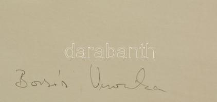 Borsos Veronika (?-): Turista és villamos. Szitanyomat, papír,  jelzett, 41×42 cm