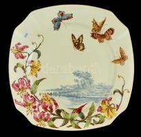 Lunevilla virágmintás / pillangós fajansz tál, részben kézzel festett, jelzett, kopásnyomokkal, 34,5x34,5 cm