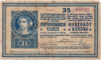 1918. 25K "3040" 3mm, hullámos hátlappal, hamis "Krassó-Szörény Vármegye Boksánbánya Község 1910" felülbélyegzéssel (fake overprint) T:III- fo.