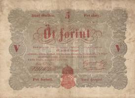 1848. 5Ft "Kossuth bankók" vörösbarna (2x) értékszámok és címer erős elcsúszásával T:III