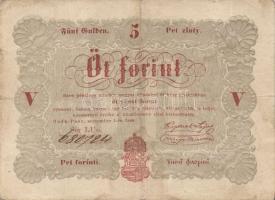 1848. 5Ft "Kossuth bankók" vörösbarna (2x) értékszámok és címer erős elcsúszásával T:III