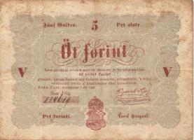 1848. 5Ft "Kossuth bankók" vörösbarna (2x) értékszámok erős elcsúszásával T:III