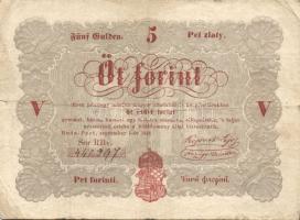 1848. 5Ft "Kossuth bankó" vörösbarna előlapi mindhárom értékszám erősen felfelé csúszva, hátlapi második sorban ékezet + ékezet román nyelvű variánssal! T:III