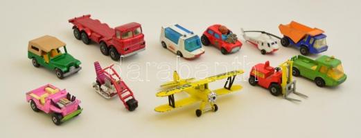 cca 1970 11 db angol gyártású Matchbox játékautó, repülő, helikopter, motor, vegyes állapotban, különböző méretben