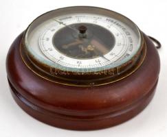 Régi barométer, réz, fa tokban, egyik mutatója nem működik,  d: 15,5 cm
