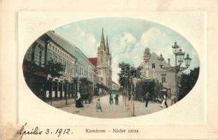 Komárom, Komárno; Nádor utca, Szentháromság szobor, üzletek. L. H. Pannonia kiadása / street view, Trinity statue, shops (EK)