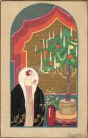 Lady. Christmas golden art postcard s: Chiostri (EK)